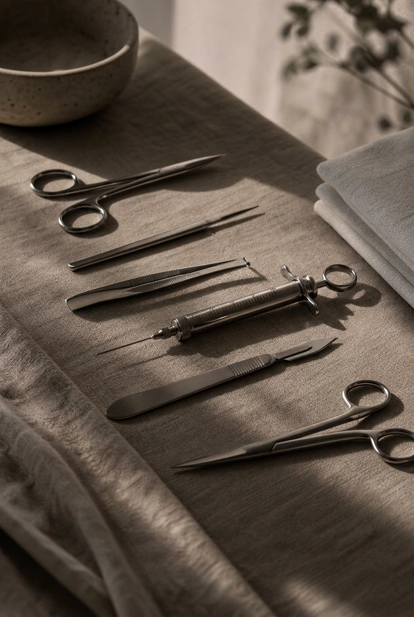 Editorial still life of dermatology instruments